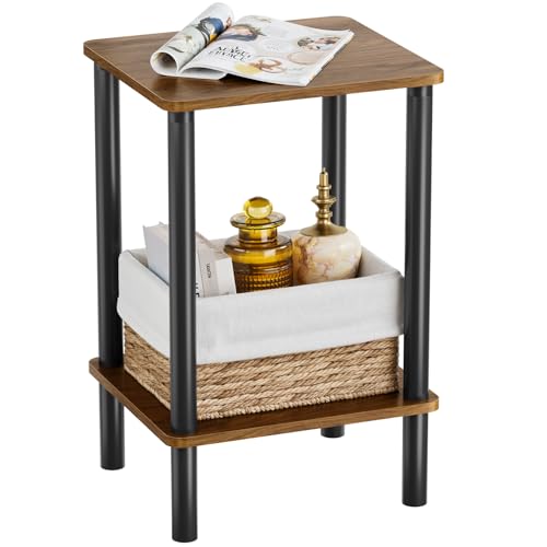Open Shelves Side Table with Storage, 2-Tier Living Room End Tables, Night Table, 1-Min Installation Without Tools, Nightstand for Bedroom, Rustic Brown and Black - color: Brown, size: 2 Layers