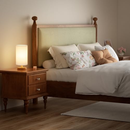 Fenmzee Small Table Lamp for Bedroom - Inline Control, Bedside Lamp with 3000K A15 LED Blub, Easy Assembly (White Shade - Wood Base, 9" Inline Control) - color: White Shade - Wood Base