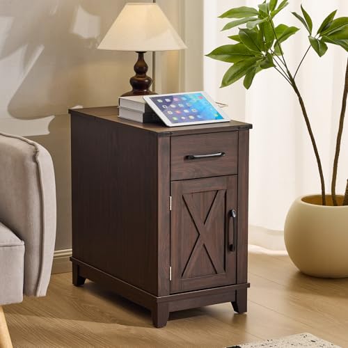 EROMMY Farmhouse End Table with Charging Station, Narrow Side Table for Living Room, Nightstand with Drawer and Storage Cabinet, Adjustable Shelf, Choco - color: Choco