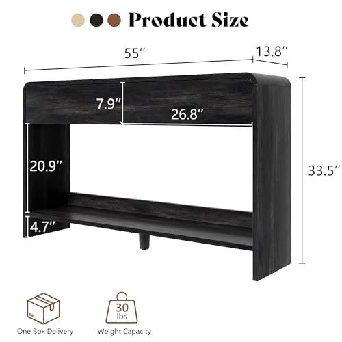 AMERLIFE 55" Modern Entryway Console Table with 2 Storage Drawers | Open Bottom Shelf, Wood Grain Finish, Rounded Edges, Long Sofa Table, Behind Couch, Hallway, Foyer, Living Room, Black - color: Black - Flat Panel, size: 55"