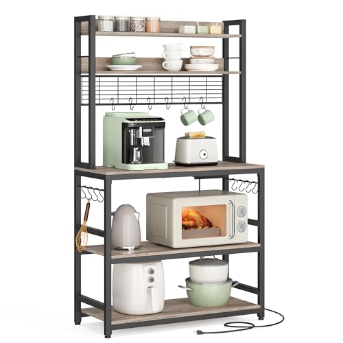 VASAGLE Bakers Rack with Power Outlet, Microwave Stand, Kitchen Tall Utility Storage Shelf, with Metal Wire Panel, 14 Hooks, 15.7 x 31.5 x 66.9 Inches, Heather Greige and Ink Black UKKS025B02 - color: Heather Greige + Ink Black, size: 31.5"W