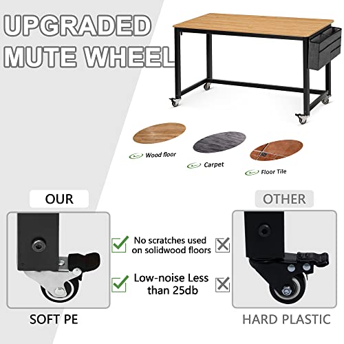 AHB 55" Rolling Computer Desk with 4 Smooth Wheels, Simple Style Mobile Writing Desk Home Office Study Table Movable Workstation with Metal Frame - color: Natural, size: 55"