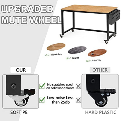 AHB 55" Rolling Computer Desk with 4 Smooth Wheels, Simple Style Mobile Writing Desk Home Office Study Table Movable Workstation with Metal Frame - color: Natural, size: 55"
