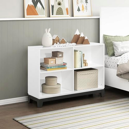 Lexicon Cube Bookshelf, 2 Tier 4-Cube Low Bookcase, Display Cabinet with Legs, Wood Book Shelf Organizer Storage Shelf, Book Shelves for Bedroom, Living Room, Office, White and Metallic Gray - color: White, style: 4 Cube Bookcase