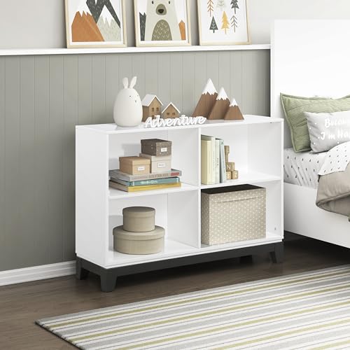 Lexicon Cube Bookshelf, 2 Tier 4-Cube Low Bookcase, Display Cabinet with Legs, Wood Book Shelf Organizer Storage Shelf, Book Shelves for Bedroom, Living Room, Office, White and Metallic Gray - color: White, style: 4 Cube Bookcase
