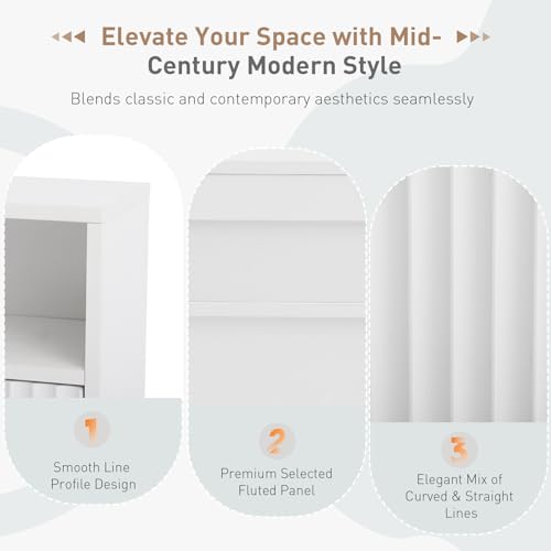 Bathroom Wall Cabinet with Fluted Design, Adjustable Shelves & Soft-Close Hinges, Hanging Storage Cabinet with Open Cubby & Drawers for Toiletries, Towels, Bathroom Organization (White)