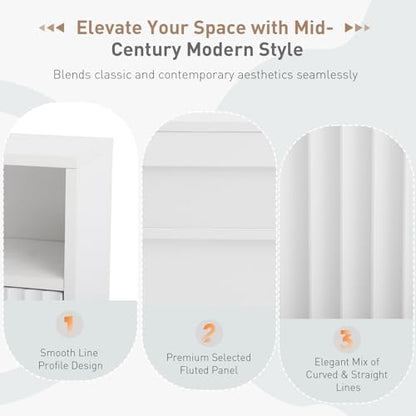 Bathroom Wall Cabinet with Fluted Design, Adjustable Shelves & Soft-Close Hinges, Hanging Storage Cabinet with Open Cubby & Drawers for Toiletries, Towels, Bathroom Organization (White)