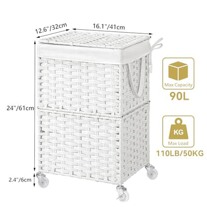 Chrislley 90L Slim Laundry Hamper with Wheels, Rolling Laundry Basket with Lid and Renovable Liner Bag, Handwoven Rattan Organizer for bedroom, bathroom, laundry room (White) - color: White