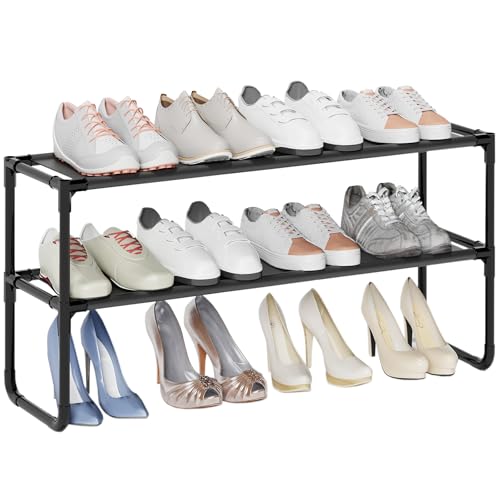 Long Shoe Rack, 2-Tier Stackable Shoe Organizer for Closet, Entryway, Hallway, Extra Bottom Layer, Holds 12-15 Pairs, Sturdy & Durable Waterproof Fabric Shelf, Space-Saving,Black(35.8" Wide) - size: 2-Black-35.8"