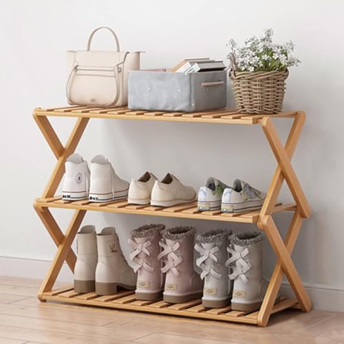 3 Tier Bamboo Shoe Rack,Portable Folding Shoe Storage Rack,Without Installation Small Shoe Rack Perfect for Corridors, Bedrooms and Small Spaces (3 Tier) - color: Natural, size: 3 Tier