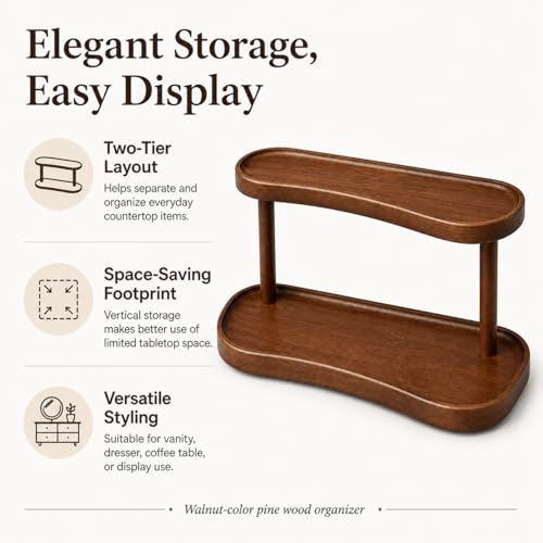 Adkoat® Two Tier Bathroom Desktop Countertop Organizer - Pine Wooden Perfume Vanity Stand Counter Shelf for Cologne Skincare Makeup Dresser Organizer - Matcha Station | Mug Display - 12.6 x 6.3 x 7.5