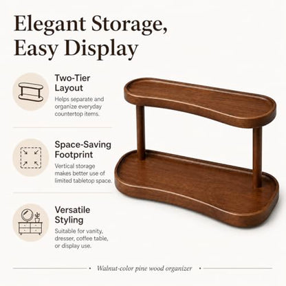 Adkoat® Two Tier Bathroom Desktop Countertop Organizer - Pine Wooden Perfume Vanity Stand Counter Shelf for Cologne Skincare Makeup Dresser Organizer - Matcha Station | Mug Display - 12.6 x 6.3 x 7.5
