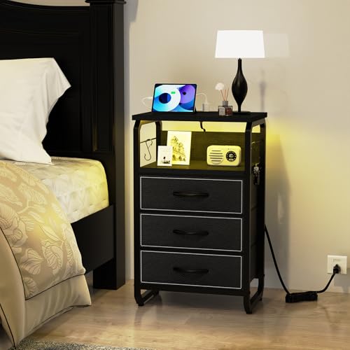 runjuly End Tables Set of 2 with Charging Station, LED Lights, Hooks, Black | 3 Large Fabric Drawers, USB C Ports & Power Outlets, Metal Night Stand Pair, Storage Nightstand for Living Room / Bedroom - color: Black, style: Larger+Taller Set of 2