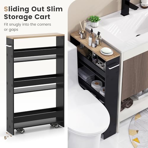 4-Tier Slim Rolling Storage Cart, Wooden Kitchen Utility Cart with Wheels & Handle, Space Saving Trolley, Slide Out Shelving Unit for Narrow Spaces, Laundry, Bathroom (Black + Natural) - color: Black + Natural