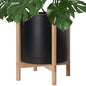 D'vine Dev Plastic Pot with Natural Wood Stand, Black, 16 in, 55-C-Y-2 | Mid-Century Inspired Design, Elevated Plant Display, Clean Lines, Sturdy Support, Modern Space-Saving Style - color: Matte Black Pot + Natural Stand, size: 16 Inch