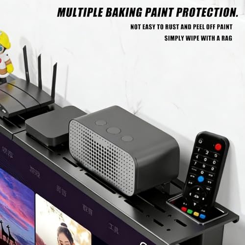 QIUNI 2 Pieces Steel Floating TV Top Shelves with Storage Boxes, 17.7 Inch No Drilling Screen Stand for Apple TV, Soundbar, Router, Switch, DVD, Remote Control - color: Two Black