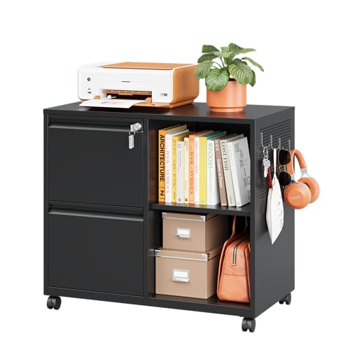 Mobile File Cabinet with Side Hook, 2 Drawer Lateral File Cabinet with Lock fits A4/Letters/Legal Size for Home Office,Metal Rolling Printer Stand with Open Storage Adjustable Shelves(Black) - color: Black, size: 31.5"W x 28"H x 17"D - A