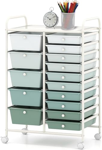 Rolling Cart with 15 Drawers, Utility Cart with Removable Storage Drawers, Lockable Wheels, Art Cart for Home Office Living Room Art Supplies Crafts Paper Scrapbook (Gradient Green) - color: Gradient Green, size: 25"L x 14.5"W x 34.5"H