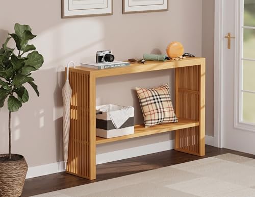 47-Inch Console Table with Storage, 2-Tier Narrow Entryway Table,Natural | 100% Natural Bamboo slim profile, reinforced angled frame versatile wall-side placement - color: Natural, style: 2-TIER