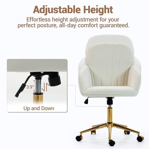 Velvet Make Up Vanity Chair with Wheels and Gold Base 330 Lbs - Beige | Home office Chair, Study Chair, Teacher Chair, Cute Chair, Height Adjustable Swivel Desk Chair, for Living Room Study Room - color: Beige
