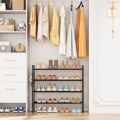 VILICK 4-Tier Shoe Rack 33" Wide Metal Shoe Organizer Long Shoe Storage with 4 Side Hooks Sturdy Shoes Shelf for Closet, Front Door Entrance, Garage, Dorm, Black - size: 4-Tier (11"x 33"x 30.5")