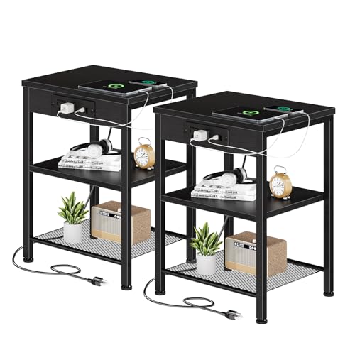 DUMOS 15.7" Small Side Table Set of 2 with Charging Station, End Table with Outlets & USB Ports, 3-Tier Adjustable Nightstand for Living Room, Bedroom, Small Spaces, Record Player Stand, Black - color: Black, size: 11"D x 15"W x 21.7"H(without Drawer, 2 P