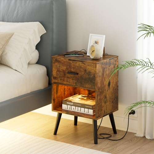 Aienvey Nightstand with Charging Station and LED Lights, Rustic Brown | Small Side Table, Bedside Table with Drawer, Modern Night Stand with Light/Power Strip, End Table for Bedroom, Living Room - color: Rustic Brown