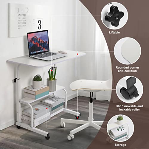 Adjustable Height Rolling Laptop Desk White Storage Drawer Side Table | 28-40in Height Adjustable,Rolling Wheels,Storage Drawer & Shelf,Waterproof Tabletop,Multi-Purpose Bedside Office Desk - color: White