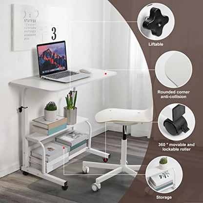 Adjustable Height Rolling Laptop Desk White Storage Drawer Side Table | 28-40in Height Adjustable,Rolling Wheels,Storage Drawer & Shelf,Waterproof Tabletop,Multi-Purpose Bedside Office Desk - color: White