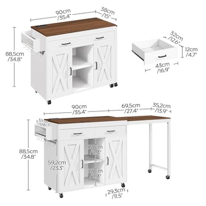 YATINEY Extendable Kitchen Island, Large Mobile Kitchen Storage Island, Rolling Kitchen Cart with Outlets, Island Table for Kitchen, White ZD03UWH - color: White +Walnut