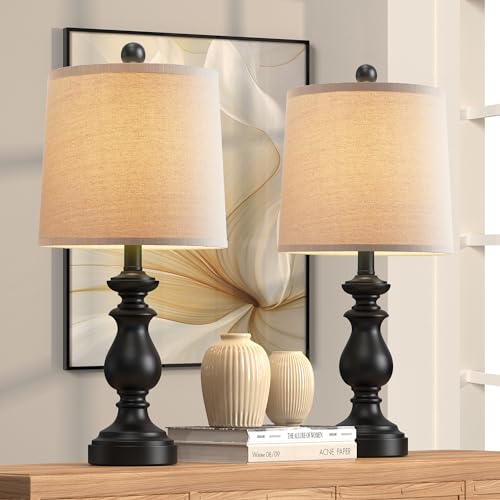 Traditional Table Lamp Set of 2, Rustic Farmhouse Table Lamps for Living Room Bedroom, 22" Bedside Desk Lamps Vintage Nightstand Lamps with Linen Shades, Black - color: Matte Black