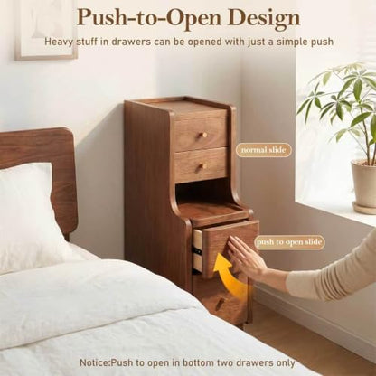 Narrow Nightstand with 4 Drawers, 7.9" Solid Wood Narrow Bedside Table Walnut with Open Shelf & Cable Hole, Modern Night Stand Slim Bedside Table for Bedroom(Fully Assembly) - color: Walnut
