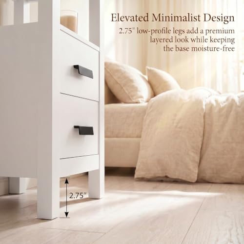 Narrow Nightstand with Charging Station, 24.4" H Slim Side Table with 2 Drawers, Bedside Table for Small Spaces, Modern End Table with Low Profile Legs (White) - color: White