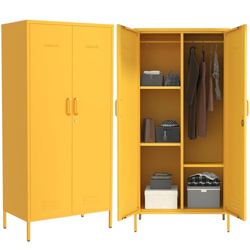 Industrial 67" Yellow Lockable Metal 2-Door Storage Cabinet, Multi-Purpose Wardrobe with Hanging Rod & Adjustable Shelves, Heavy Duty for Bedroom, Garage, Home Office 67"H X 31.5"W X 18.1"D - color: Mustard, style: Wardrobe-67"H-JS