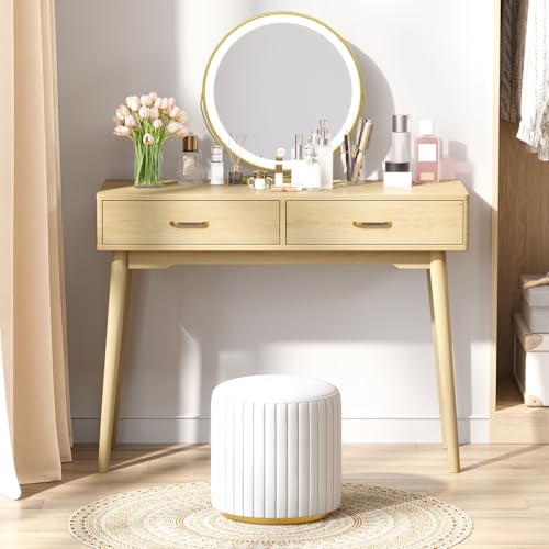 FUNKOCO Small Wood Desk with Drawers - 40 Inch Home Office Study Writing Desk for Bedroom, Vanity Desk with 4 Solid Legs, Modern Computer Desk for Small Spaces - color: Wood
