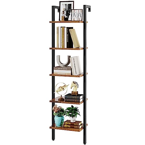 YMYNY 5 Tiers Ladder Bookcase, Industrial Wall Mounted Bookshelf, Open Display Rack with Metal Frame, Wooden Storage Shelves for Bedroom, Home Office, Plant Stand, Rustic Brown, 70*17.3*11.8"UHBC015H - color: Rustic Brown
