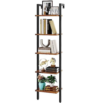 YMYNY 5 Tiers Ladder Bookcase, Industrial Wall Mounted Bookshelf, Open Display Rack with Metal Frame, Wooden Storage Shelves for Bedroom, Home Office, Plant Stand, Rustic Brown, 70*17.3*11.8"UHBC015H - color: Rustic Brown