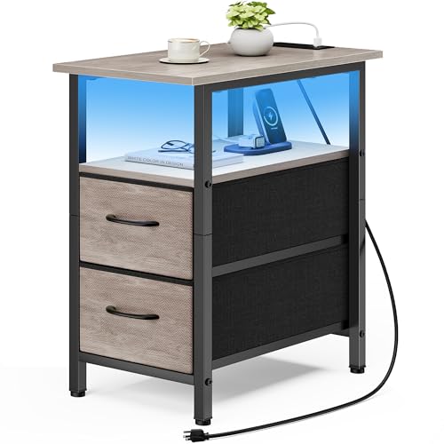 Vagusicc Nightstand with Charging Station and LED Lights, Narrow Side Table, LED Night Stand with 2 Fabric Drawers, Bedside Table with USB Ports and Outlets, Tall Nightstand for Bedroom, Rustic Grey - color: Greige, size: 1, style: With LEDs