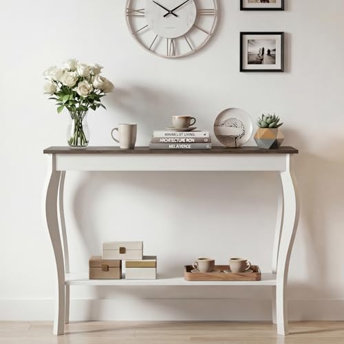 ChooChoo 39" Narrow Farmhouse Entryway Table with Storage Shelf, Soft White | Console Table with Curved Legs, Chic Accent Sofa Table with Shelves for Entryway, Living Room, Hallway - color: Soft White
