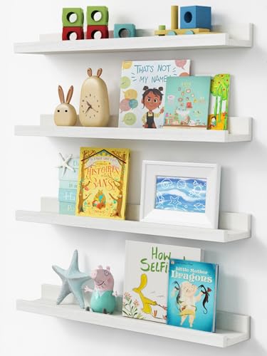 Forbena 24" Floating Nursery Book Shelves for Wall Set of 4 | Solid Wood | Lip Desigh | Wall Bookshelf for Kids Room Toddler Bedroom - color: White, size: 24 Inch