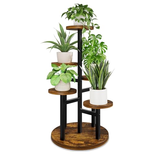 5 Tiers Wood Plant Tables Indoor Plant Stand Tall Metal Wood Plant Shelf Outdoor Indoor Plant Table Rack Tiered Plant Stand Garden Accessories for Living Room Balcony Patio - BlackRound - color: BlackRound, size: 5-tiers