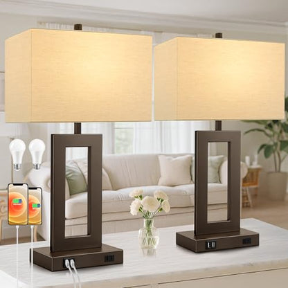 TOBUSA 28’’ Tall Brown Lamps for Living Rooms Set of 2, Modern Touch Control Table Lamps for Bedroom, 3 Way Dimmable Bedside Lamps with 2 USB Ports&AC Outlet, High-end Decor Lamp for Home Office | 3 Way Dimmable, Touch Control, Fabric Cream Shade, Large D