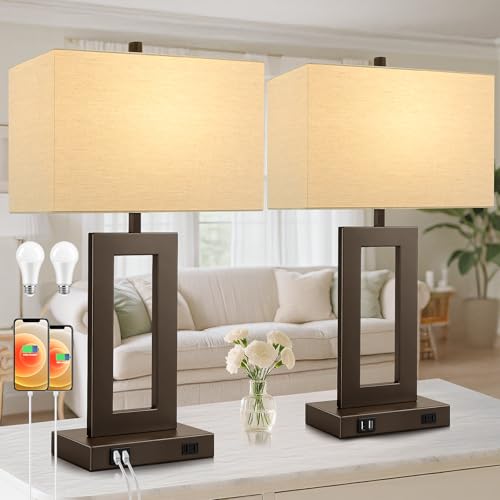 TOBUSA 28’’ Tall Brown Lamps for Living Rooms Set of 2, Modern Touch Control Table Lamps for Bedroom, 3 Way Dimmable Bedside Lamps with 2 USB Ports&AC Outlet, High-end Decor Lamp for Home Office | 3 Way Dimmable, Touch Control, Fabric Cream Shade, Large D