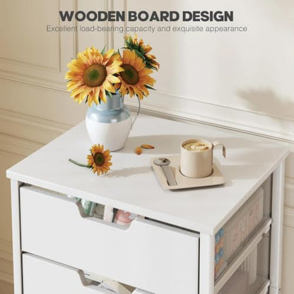Rolling Cart with Drawers, Wooden Top and Front, with Wheels Metal Under Desk Storage Cart with 4 Drawers, for Office, Bedroom, Classroom, Home, White - color: White