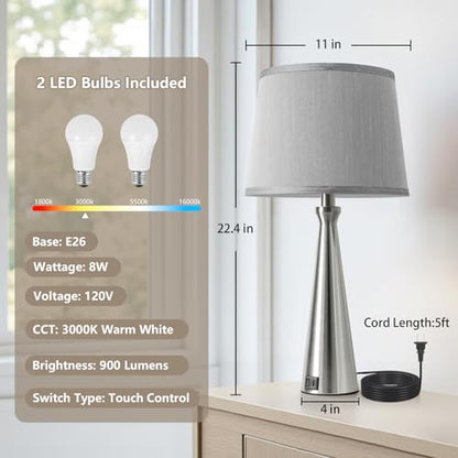 Seealle Modern Table Lamps Set of 2 - Touch Bedside Lamp for Nightstand with Dual USB C+A,3-Way Dimmable Silver Nightstand Lamps for Living Room Bedroom End Table with Grey Shade(Bulb Included) - color: B. Silver-Grey