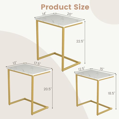 Tangkula Nesting Table Set of 3, Rectangle Stacking Side End Table with Wood Top & Metal Legs, Adjustable Foot Pads, C-shaped Accent Coffee Tables for Small Spaces, Living Room (C-shaped, White, 3-pc) - color: White