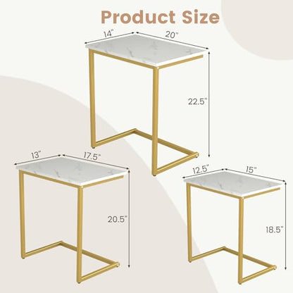Tangkula Nesting Table Set of 3, Rectangle Stacking Side End Table with Wood Top & Metal Legs, Adjustable Foot Pads, C-shaped Accent Coffee Tables for Small Spaces, Living Room (C-shaped, White, 3-pc) - color: White