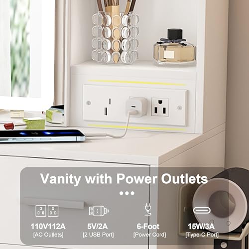 Small Vanity Desk Set with Lighted Mirror and Stool, Compact Makeup Table Set with Light - 3 Color Models, Dressing Makeup Table with Hair Dryer Rack & Power Strip & 2 Drawers for Bedroom Apartment