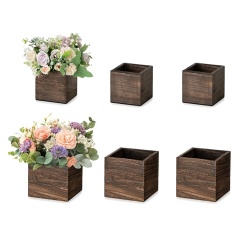 NUPTIO Wooden Box for Centerpiece Wedding: 6 Pcs Rustic Square Planter Box for Christmas Table Fall Decorations - 4×4" & 5×5" Small Wood Vases Flower Pots for Windowsill Home Garden Decor - color: Brown