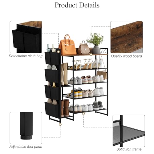 Brown 5-Tier Shoe Organizer - Free Standing Shoe Rack with Storage Bag for High Heels, Entryway, Hallways, Closets, Dormitory Rooms - size: 5 Tier with Side Bag